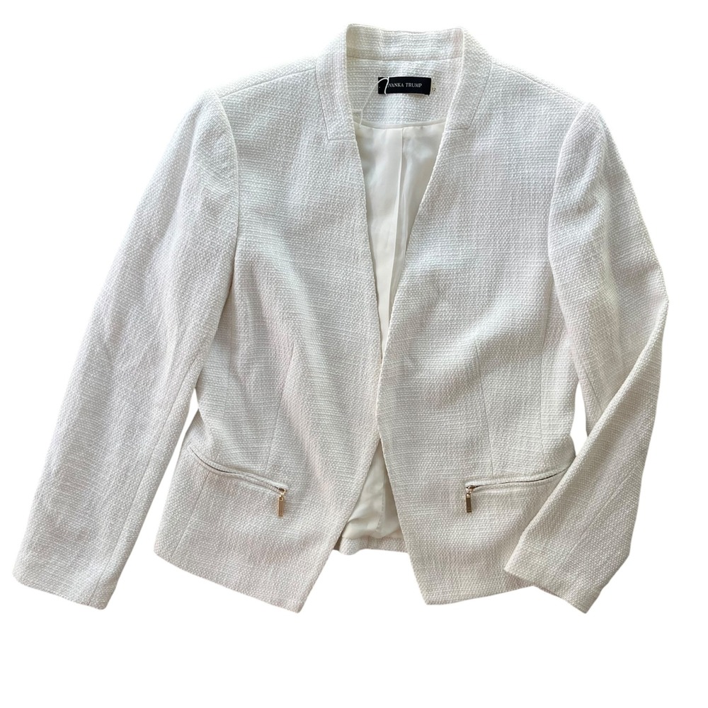 Ivanka Trump Women's 12 Ivory Textured Gold Zip Pockets Open Front Blazer Jacket